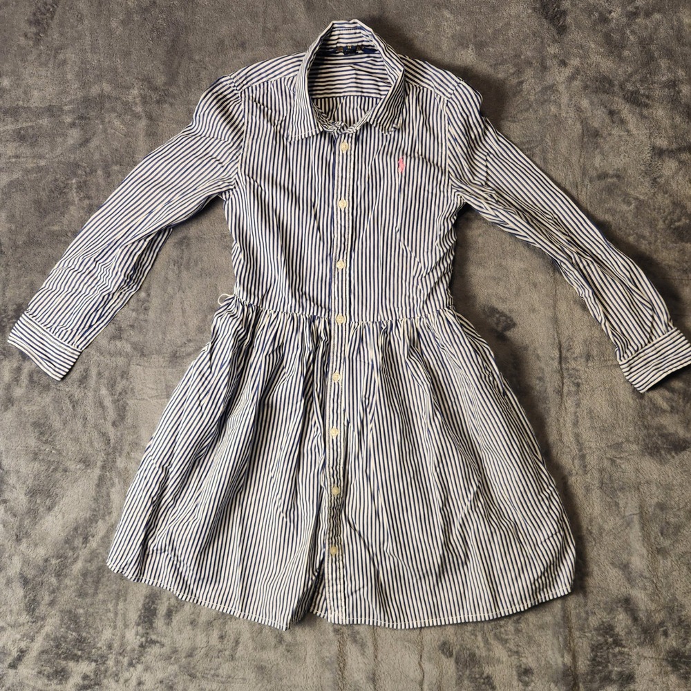 Polo Ralph Lauren Girls Blue White Striped Cotton Shirt Dress Pink Pony Size 6X